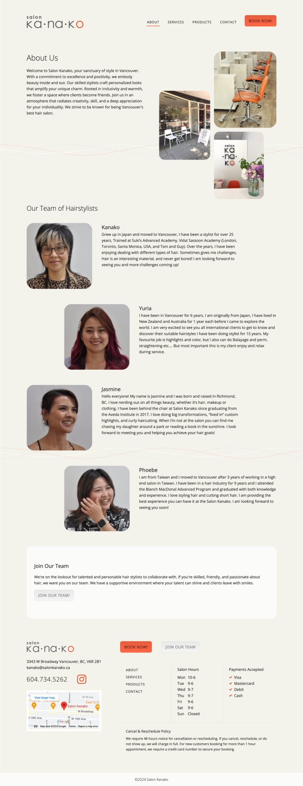 Salon Kanako - website screenshot - About