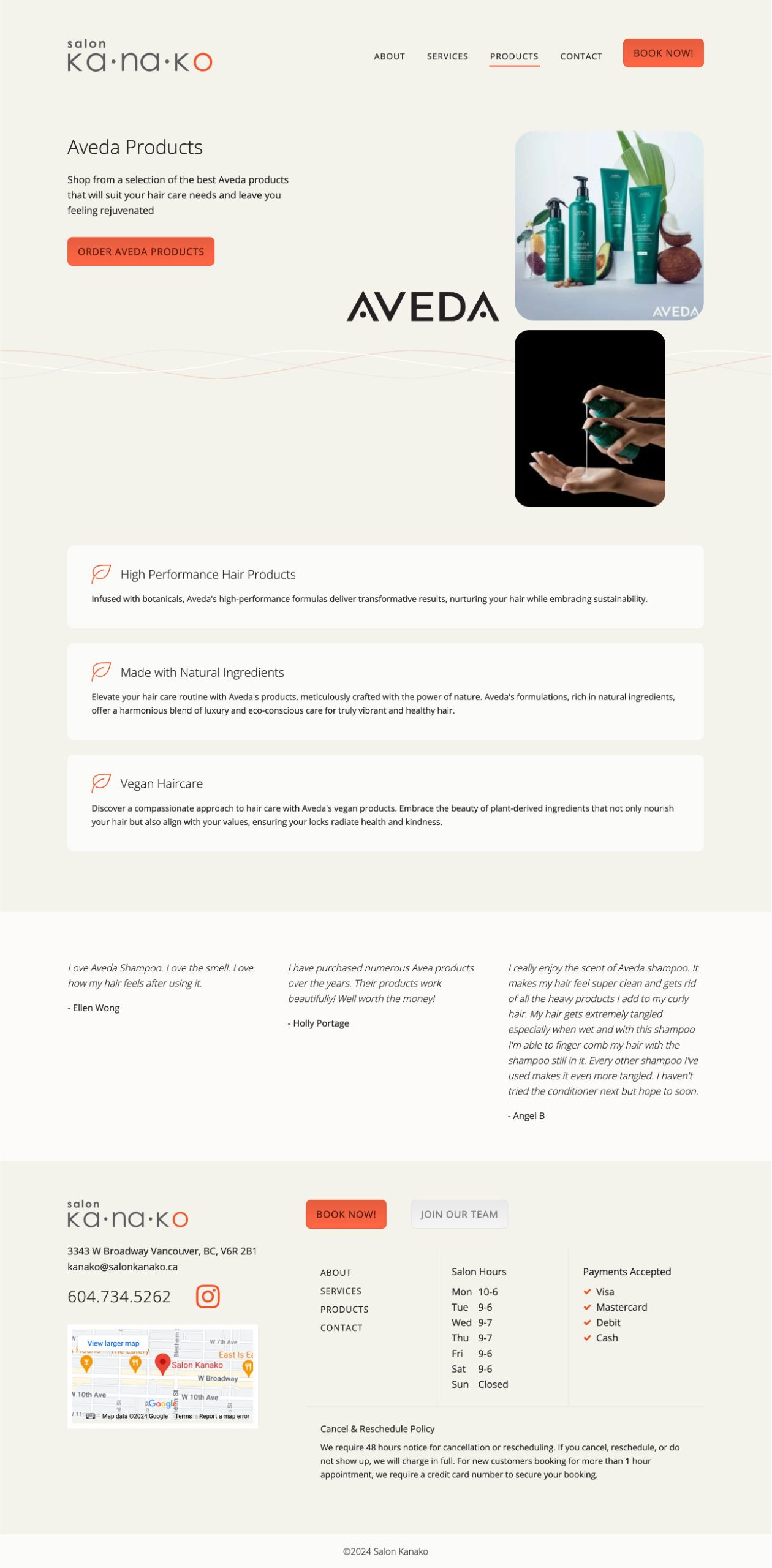 Salon Kanako - website screenshot - Products
