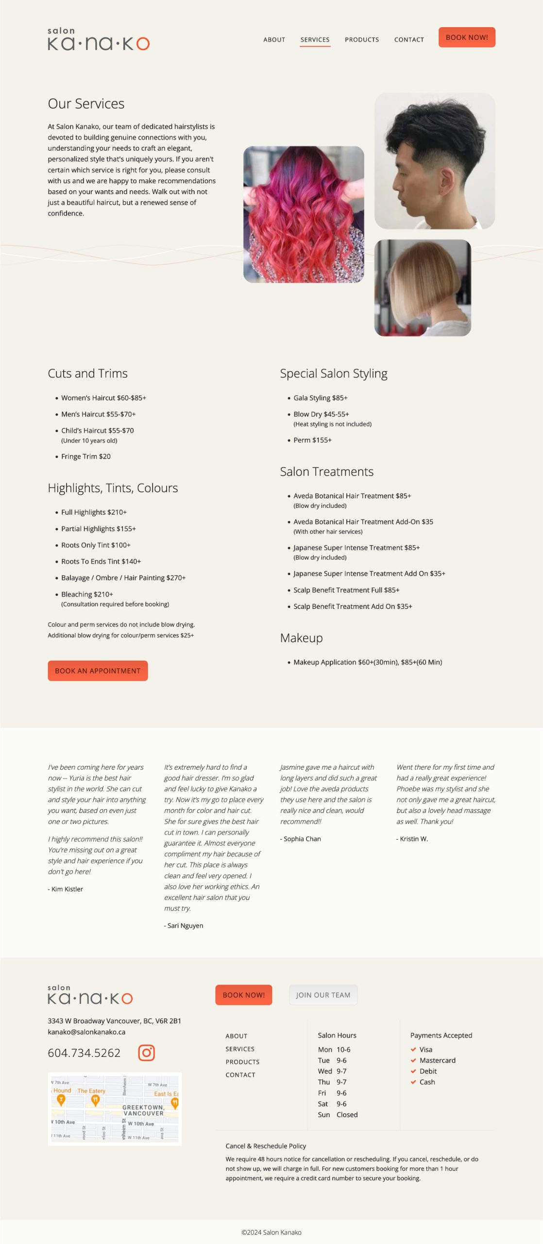 Salon Kanako - website screenshot - Services